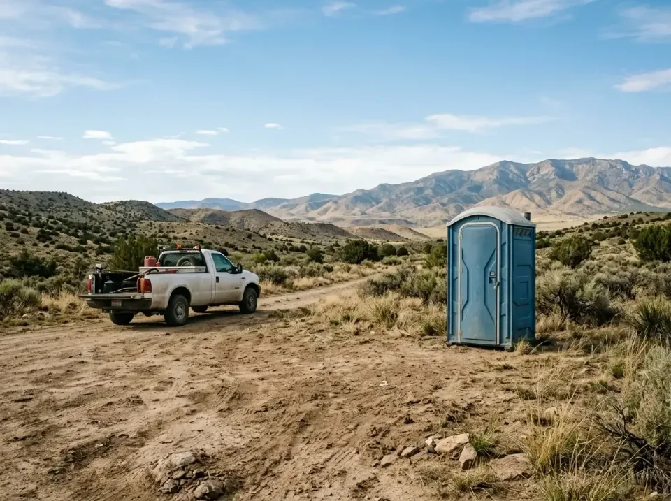 Portable Toilet — Remote Location — Portable Toilet, Pickup Truck, Dirt Road, Remote Location, Portable Toilet Rental in La…